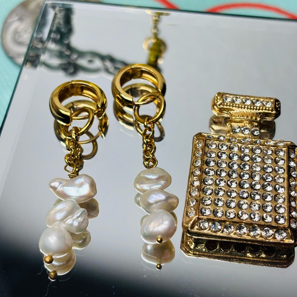 MAYAMAR 24K Gold Plated Huggi Earrings with Fresh Water Pearls Charms. $129